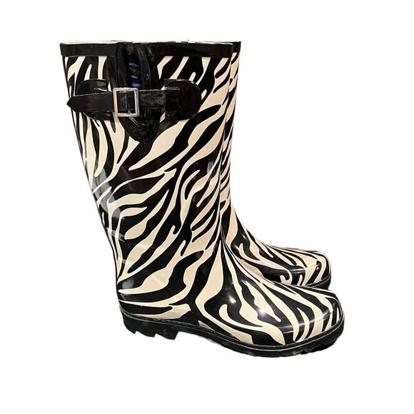 Dirty Laundry Black and White Zebra Print Rain Boots - Picture 1 of 11